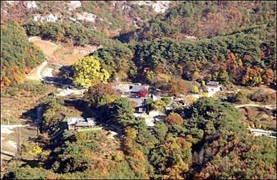 천태산 75m 직상승 암릉에서 바라본 영국사 전경이다. 연노란색을 띤 은행나무의 풍만함이 보인다. 